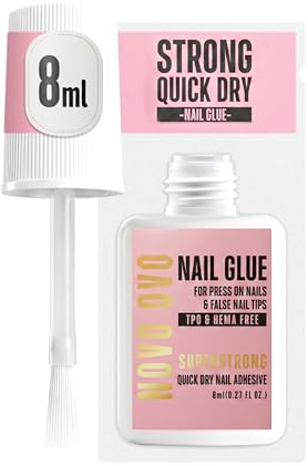 NOVO OVO Super Strong Nail Glue for Press On Nails & False Nail Tips (8ml 0.27 fl oz) - TPO & HEMA FREE Brush On Adhesive, Quick Dry & Long Lasting Bond for Acrylics, Broken Nails & Salon Effect