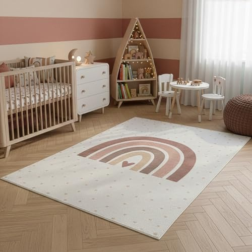 SIMPEX Kinderteppich Regenbogen Spielteppich für Kinderzimmer in Creme mit Herz Motiv Größe 200x290 cm ideal für Spielzimmer