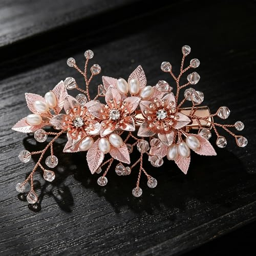 Rose Gold Wedding Hair Accessories - Bridal Hair Accessories for Bride, Bridesmaid & Guest with Faux Pearls & Elegant Floral - Versatile for Prom Party and Special Occasions