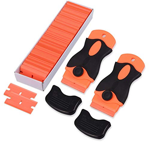 FOSHIO 2 Grattoir Plaque Vitrocéramique avec 100 raclettes de en Plastique, Grattoir vitre pour enlever Les étiquettes, Grattoir plancha (Orange)