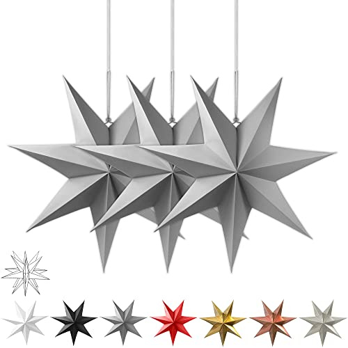 Frau WunderVoll® liebevolle Faltsterne grau 3 Stück Durchmesser 25 cm 7 Zacken geschlossene Oberfläche Feste Pappe