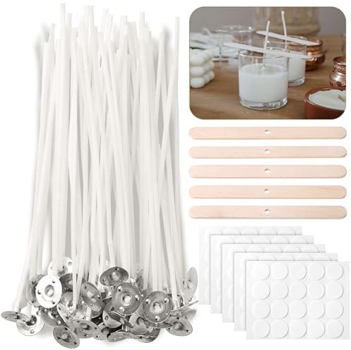 CZ Store®- Juego de Mechas para Velas |100 PZS| 15CM |✮GARANTÍA por Vida✮| Soportes para MECHAS DE Madera X5 + Pegatinas DE Mecha X100|Algodón Orgánico Natural, Pre Encerado con Cera de Soja