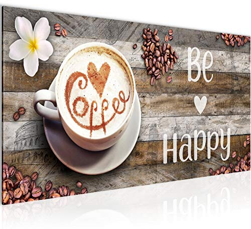 Runa Art Wandbild Küche Kaffee 1 Teilig 100 x 40 cm Modern Bild auf Vlies Leinwand Be Happy Esszimmer Küchenbilder Braun 020712a