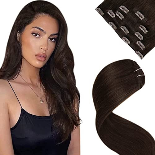 LaaVoo Haarverlängerung zum Anstecken, Echthaar, dunkelbraun, #2, 5 Stück/80 g, 45 cm, Clip-In-Extensions, Echthaar, dunkelbraun, Clip in Human Hair Extensions mit doppelter Tresse