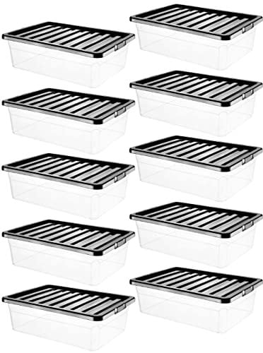 VSL 10 x 32 Litre Underbed Clear Plastic Storage Box With Black Lid