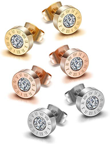 Feilok Damen Herren Edelstahl Neutral Ohrstecker Glitzern Kreis modern Römische Ziffern mit Zirkonia Ohrringe Ohrschmuck Geschenk,3 Paar