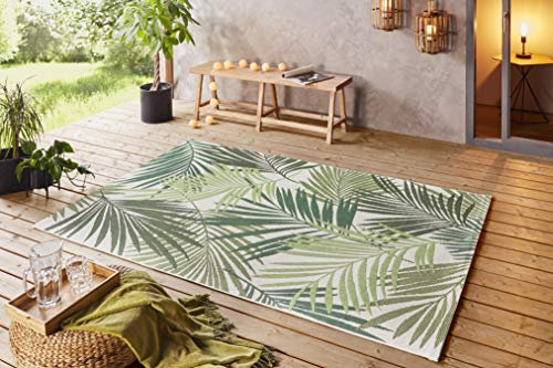 NORTHRUGS In- und Outdoor Teppich 200x290cm - Wetterfest Boho Modern Palmen Blätter Florales Muster Läufer Terrassenteppich Balkonteppich Küchenläufer Badteppich Wohnzimmerteppich Wasserfest in Grün