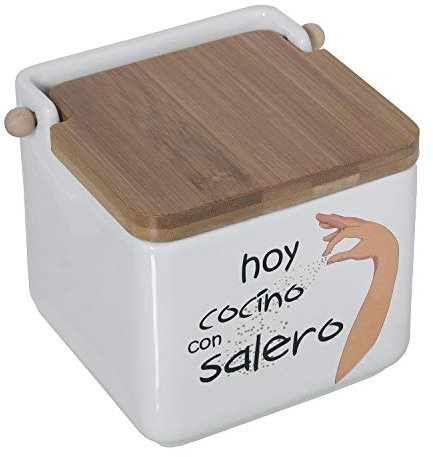 Salero original cerámica cuadrado con tapa madera12x12x12 cm (Blanco cocino con salero)