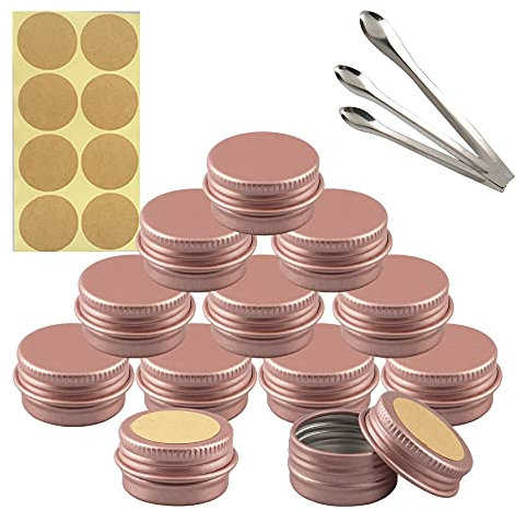 TIANZD 10 Pièces 5 ml Vide Rond Rose Mat Pots en Aluminium Cosmétiques Pot Canettes Bocaux Conteneurs 5ml for Fait Main Bougies Crème Baume Voyage, 3x aluminium cuillère, 10x Étiquettes