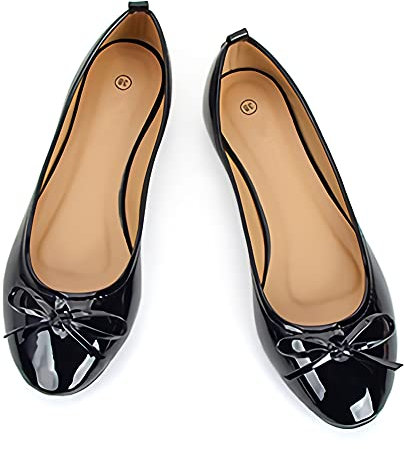 Dernolsea Womens Ballet Flats, Patent Leather Bow Round Toe Foldable Flat Slip On Pumps Dolly Ballerina Shoes Black Size 4