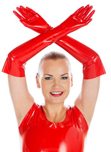 Rubberfashion Latex Handschuhe lang extra dick Rubber Gloves - Latexhandschuhe für Damen und Herren Paar Rot 0.8mm S/Handschuhgröße: 5