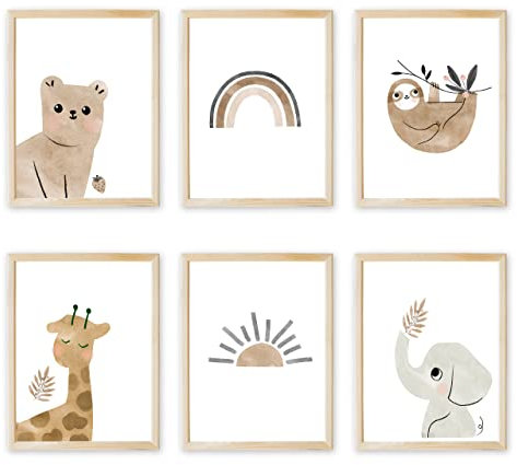 Marvelights Poster Kinderzimmer 6er Set DIN A4 Wandbilder Bilder Boho Babyzimmer Deko Wandposter für Kinder Junge Mädchen (Faultier & Freunde) (DIN A4 ohne Rahmen)