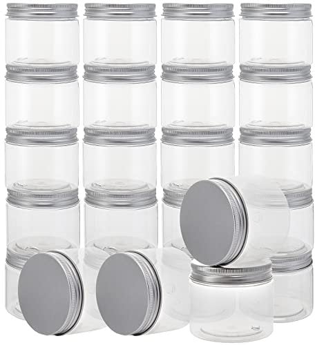 JOIKIT Lot de 24 bocaux en plastique transparent avec couvercles à visser en aluminium - 250 ml - à large ouverture - bocal plastique transparent rond pour loisirs créatifs, perles, épices, noix