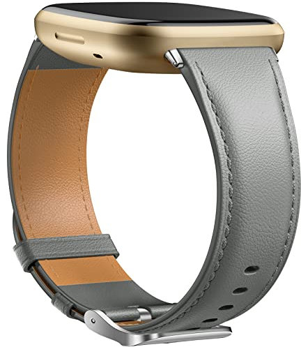 Dirrelo Echtes Leder Armband - Kompatibel mit Fitbit Versa 3/4/Sense, Lederband Ersatzband für Damen und Herren, Grau