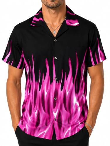 King Kameha Herren Hawaiihemd Kurzarm, Sommer Aloha Shirt mit Flammen Print