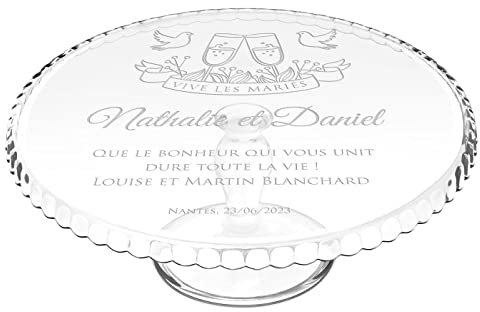 Maverton Présentoir à gâteau avec Gravure pour Couples - Plat sur Pied pour pâtisseries - Plateau personnalisé pour Parents - Souvenir de Mariage - pour Noces - pour Amis - vive Les mariés