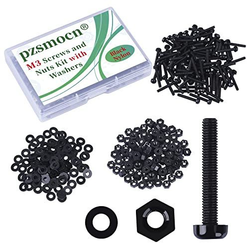 Pzsmocn 300 Pièces/100 Ensembles M3*20 mm en Plastique Nylon Noir Croix Tête Ronde Vis Écrou Hexagonal Combinaison Kit avec Rondelle Isolante Taille Standard, pour Bricolage, Assemblage Électronique.