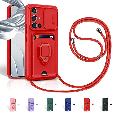 Aithne Case für Samsung Galaxy A51 4G Handykette Hüll,Slide kameraschutz,Silikon Handyhülle zum Umhängen Kette,360 Grad Ringhalter Stand Kartenfach-Rot