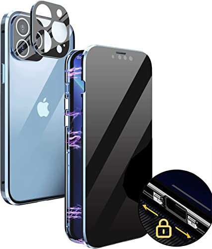 MIMGOAL Coque pour iPhone 12 Pro Max, Magnétique étui Anti Espion Vitre Protection Coque Anti Spy Privacy Housse,Métal Bumper 360 Full Body Protection Transparent Cover Case - Bleu