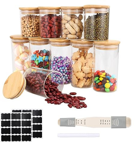 YOUNTHYE 10er Vorratsgläser mit Deckel Luftdicht Runde Glasbehälter mit Deckel Vorratsdosen mit Holzdeckel Luftdicht Aufbewahrungsgläser Küche für Gewürze, Tee, Trockenwaren, Nüssen 5 x 200ml/ 300ml