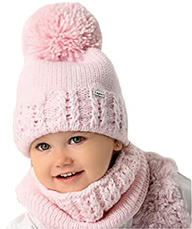 Smarilla Baby Mädchen Winterset Mütze Strickmütze Bommelmütze Loop Schal, Farbe: Hellrosa, Größe: 50-52