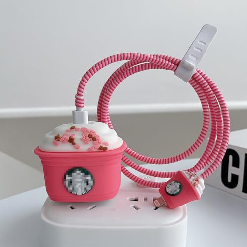 Togbel Cute Cartoon Protective Case for iPhone 20W USB-C Adapter Charger Cable, Unique Design Funny Kawaii 3D Cartoon Charger Cover Cable Protector for iPhone Fast Charger (Pink Cup)
