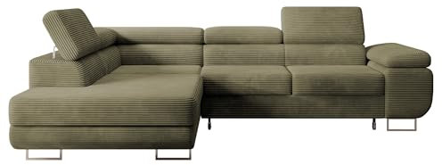 Selsey STEVIL - Ecksofa L-Sofa mit Schlaffunktion, Bettkasten, Ottomane links, Cordbezug Olivgrün