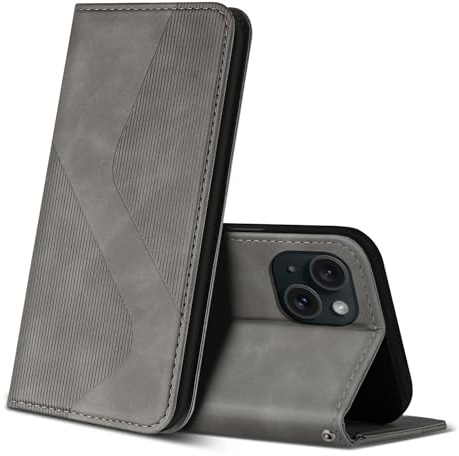 ZONNAVI Cover per iPhone 15, Flip Custodia Pelle PU con [Slot Cart] [Supporto Stand] [Magnetica], Cover a Libro Portafoglio per iPhone 15 (Grigio)
