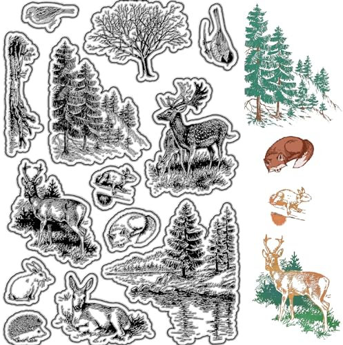 CRASPIRE Baum-Klare Stempel, Wald, Hirsch, Kaninchen, Igel, Fuchs, Vogel, Tiere, Wiederverwendbar, Hintergrund, Poststempel, Transparente Silikon-Stempelsiegel Für Journaling, Kartenherstellung, Dekor
