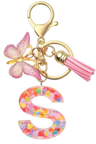 Schlüsselanhänger für Damen Mädchen Schlüsselringe Anfänglicher Schlüsselbänder Schlüsselbundbuchstabe mit Quaste Herz Schmetterling Pailletten für Handtaschen Handytaschen Geldbörse Charms S