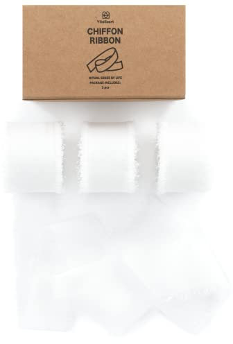 Vitalizart Weiß Schleifenband 2,5 cm x 19,2 m, Geschenkband Chiffonband Fransenstoffband, Bänder-Set für Hochzeitseinladung, Brautstrauß, Dekoration, Geschenkverpackung, Schleifenherstellung
