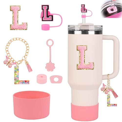 Stanley Cup Accessories Set for Stanley Cup 30oz 40oz, Stanley Tumbler Accessories Including Silicone Straw Cover Cap and Boot, Spill Proof Stopper, Cute Letter Keychain Handle Charm, Sticker (L)