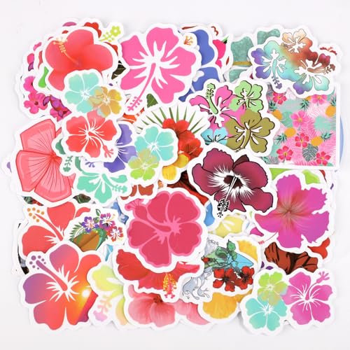 60pcs Hibiscus Stickers, Waterproof Aesthetic Colorful Flower Stickers Vinyl Scrapbooking Decals Stickers Gift for Laptops Water Bottles Guitars Suitcases Adults Teens Kids