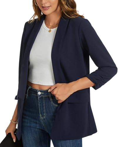 YOUNIFIZ Womens Blazers Casual Ruched 3/4 Sleeve Jackets Open Front Business Work Office Blazer Jackets with Pockets Navy Blue