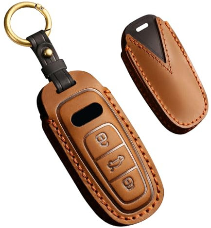 Ysbxitu Smart-Schlüsselhülle-Schlüsselanhänger-Fernbedienung Cover kompatibel mit Audi A3 A6 A7 Q7 Q8 C8 A6L E-tron Staubdicht Schlüsselgehäuse aus Leder Key Shell Case Geschenkidee 3 Tasten-Braun