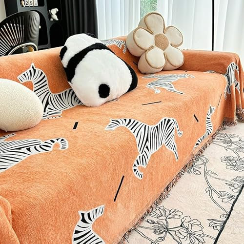 Sofa Überwurf Orange Zebra Schwarz Decken für Sofa Polyester Kuscheldecke Mehrzweck Decke für Sofa Sofadecken Langlebig Sofa Überzug Waschbar Couchschoner Mit Quasten Plaid Decke für Sofa 180x180cm