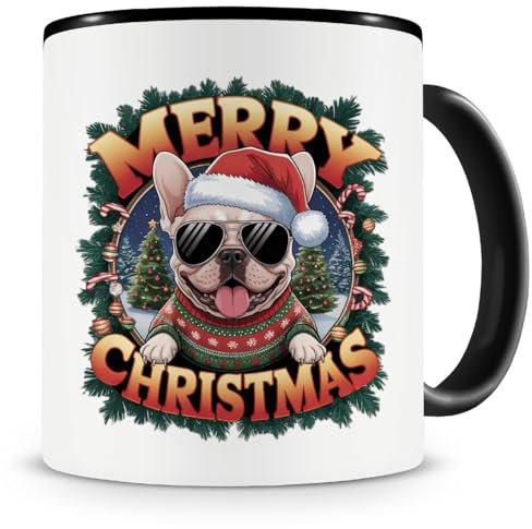 Samunshi® Weihnachten Hunde Tasse mit Spruch Merry Christmas Französische Bulldogge Geschenk für alle Frenchie Fans Kaffeetasse Tier Weihnachts Tassen zum Geburtstag Weihnachten 300ml schwarz