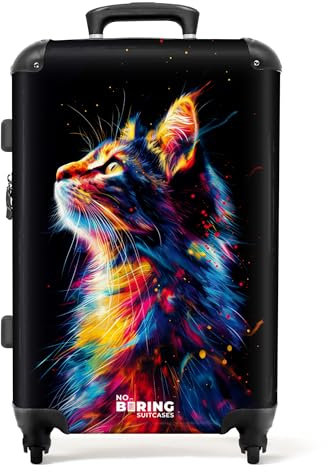 NoBoringSuitcases.com Kinderkoffer, Kinder Koffer, Koffer Groß, Koffer Kinder, TSA Schloss, Reisekoffer Kinder, Koffer Mittelgroß 4 Rollen Leicht (Seitenansicht Bunte Katze - Schwarz, 67 cm - 72 L)