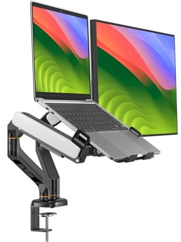 BEWISER Dual Laptop Arm Mount for 13-32” Monitor and 12 - 17 Notebook with Gas Spring,Adjustable 2-in-1 Computer Notebook Desk Stand