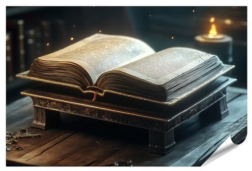 islandburner XXL Bild Poster Antikes Buch auf hölzernem Pult mit Kerzenlicht Premium Bilder Fotodruck