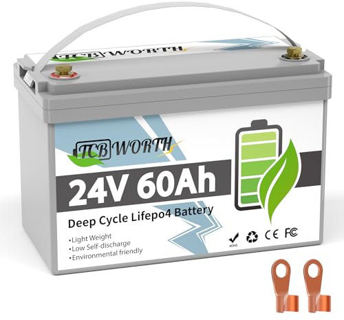 TCBWORTH Bateria Litio 24V 60Ah Batería LiFePO4, 15000+ Ciclo Profundo, Protección Contra Bajas Temperaturas, para Autocaravana, Sistema Placa Solar, Barco, Hogar, Kit Solar, Camping