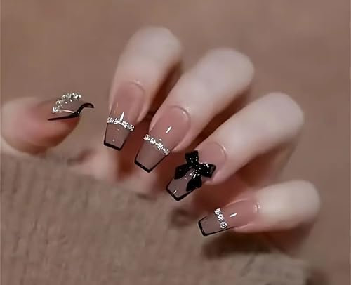 Press On Nails, 24 Pieces, French Manicure with Black Bow and Rhinestone Design, Square Tips