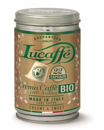 Lucaffè - Boîte à 22 capsules compostables compatible avec Nespresso machine a café, Crema Caffè Bio | Torréfaction foncé | Goût sucré et crémeux | Arôme intense