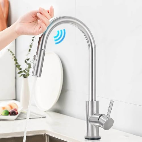 Grifo de Cocina sin Contacto con Spray Extraíble, Grifo de Fregadero de Arco Alto con Una Palanca, Grifo de Cocina de Acero Inoxidable con Sensor, Grifo Mezclador de CocinaChrome,One Size