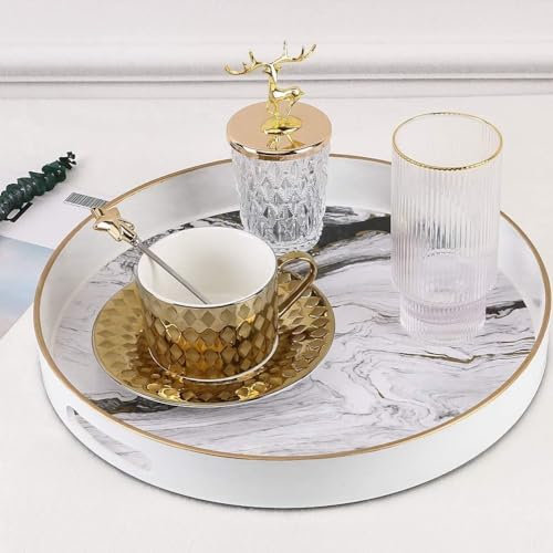 Simmer Stone Round Decorative Tray, Marbling Plastic with Handles, Modern Vanity nd Serving for Ottoman, Coffee Table, Kitchen and Bathroom, Size 13 INCH (Marble white)