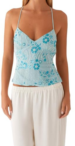 Geagodelia Damen Neckholder Sequin Tank Top Sexy Sommer Trägertop Ärmellose Rückenfreies Glitzer Oberteil Blumen Cami Crop Tops Y2k Aesthetic Clothes Camisole Outfit (A - Blau, S)