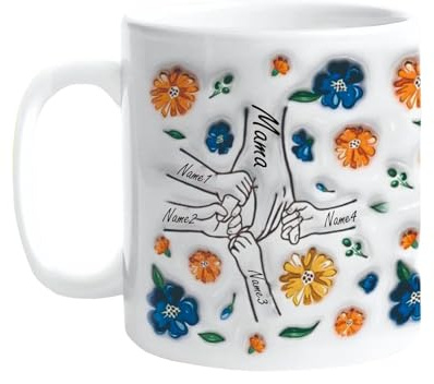 Oma Tasse Personalisiert mit Enkel,Personalisierte Oma,Mama und Enkelkinder Blumen Hand In Hand Tasse - Personalisierte Geschenke für Mama&Oma,Kaffeetasse-Mama,Muttertag geschenk (#02-445 ml)