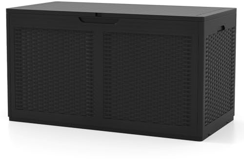 GiantexUK 380L Garden Storage Box, Waterproof Resin Deck Boxes with Lockable Sit-on Lid, Wheels & Gas Strut, Rattan Effect Outdoor Utility Chest Container for Patio Cushions Gardening Tools (Black)