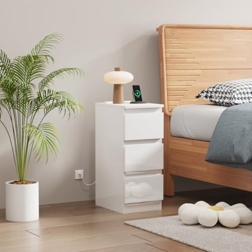 Pantanal 25CM Slim Bedside Table White with Charging Station, 3 Drawers Nightstand Bedroom Bedside Cabinet Side Table with 2 USB Ports & 2 Power Sockets for Living Room Bathroom for Small Narrow Space