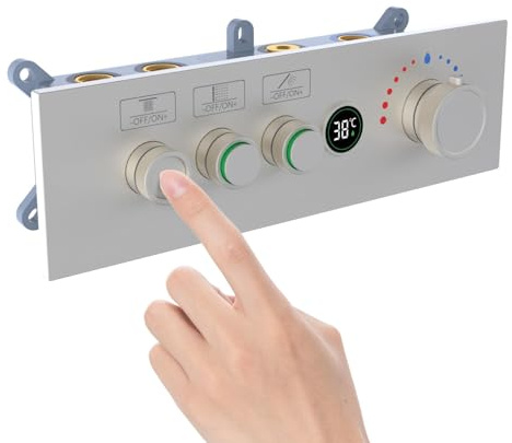 3 Functions Concealed Thermostatic Shower Diverter Valve Brushed Nickel | Push Button Control with LED Digital Temperature Display and Flow Control, Brass Construction, 3 Way, for Shower Mixer Set